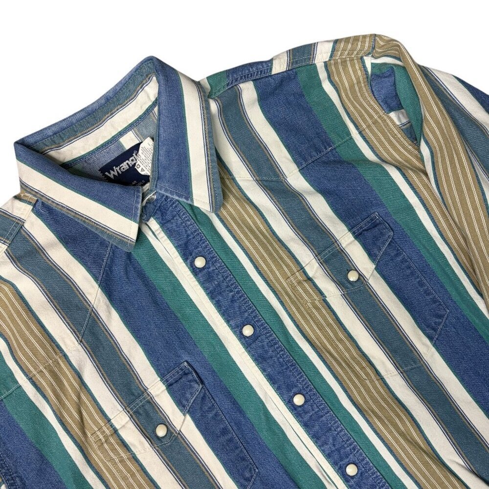 Vtg Wrangler Brushpopper Shirt Size XL Pearl Snap Western Cowboy Stripe Long Tai - Picture 1 of 7